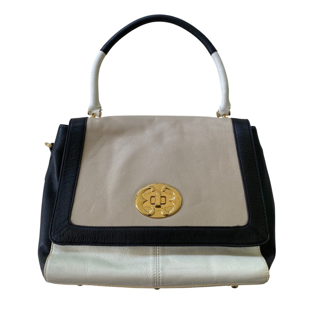 Emma Fox Satchel Handbag Women Medium Black Cream Leather Colorblock‎ Crossbody
